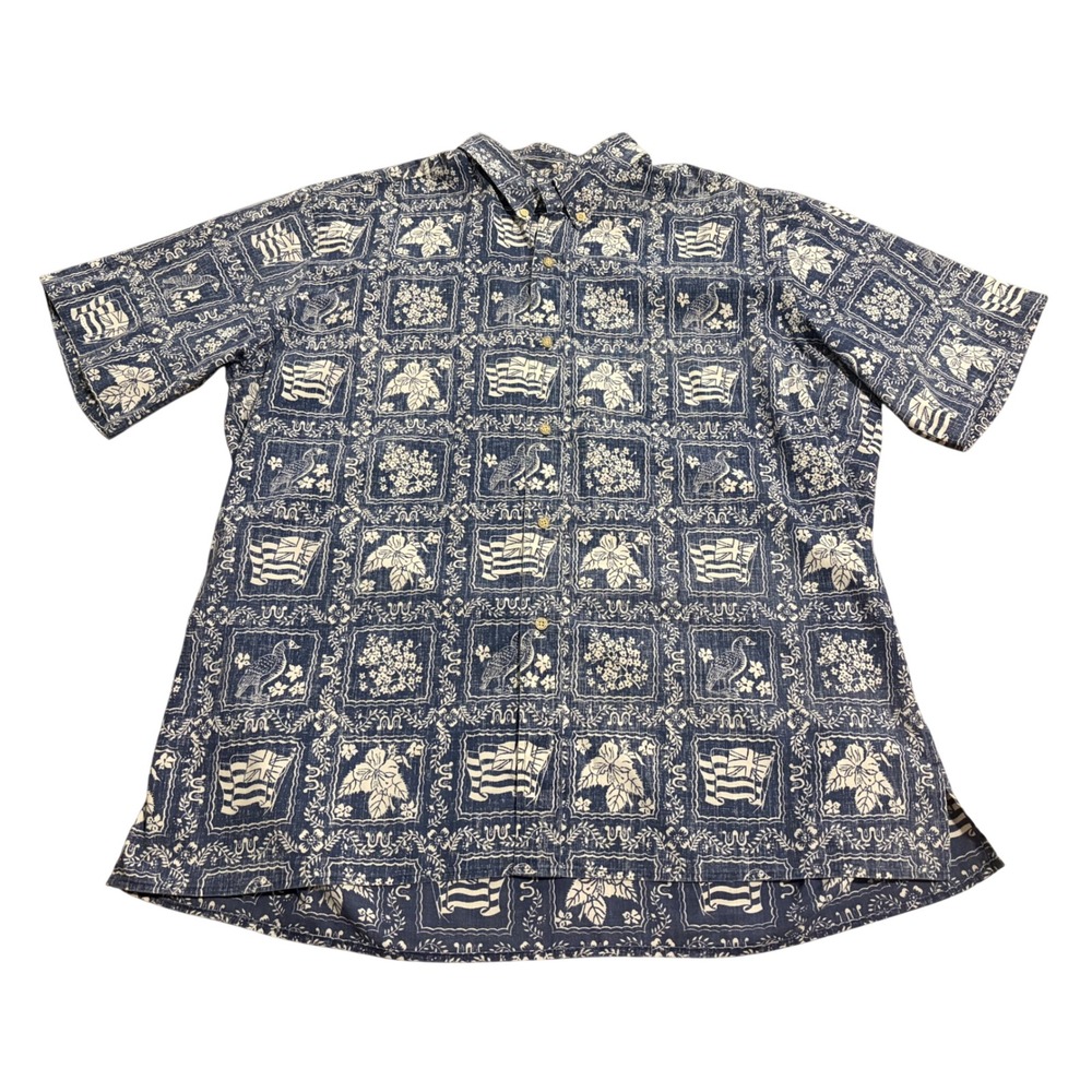 Vintage Reyn Spooner Hawaiian Shirt XXL Navy Blue Flag Nene Goose Reverse Print